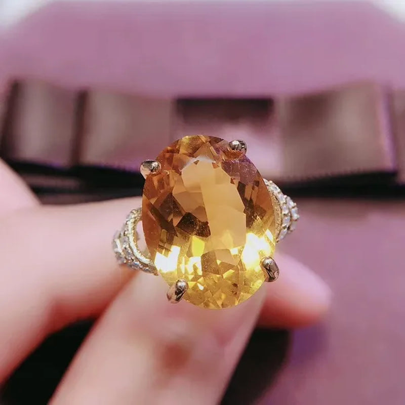 Colife Jewelry 100% Natural Citrine Ring 12*16Mm Natural Citrine Silver Ring Big Size Gemstone Silver Ring Brithday Gift