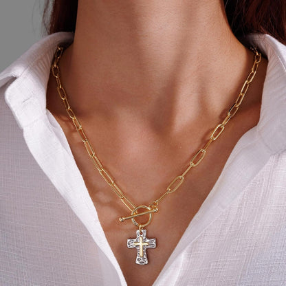 Chunky Cross Necklace for Women, 14K Gold/Silver Plated Statement Paperclip Chain Double Cross Pendant Necklaces Non Tarnish for Faith Religious Christian Jewelry Gifts