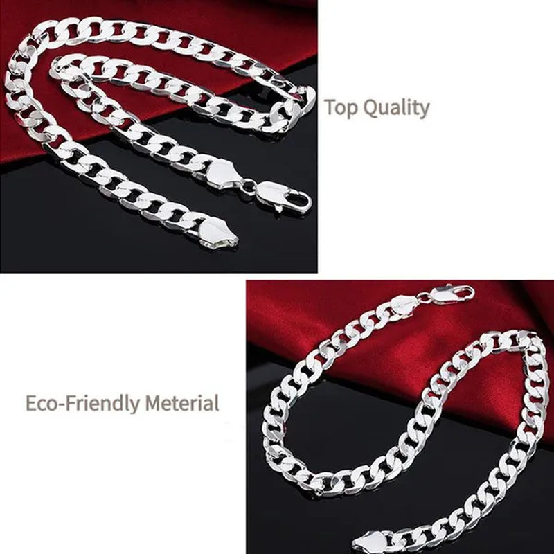 2PCS (Bracelet + Necklace) 925 Sterling Silver Fashion Jewelry Sets Curb Chain Necklace 925 Solid Silver Jewelry High Quality Necklace Bracelet 16-30 inches