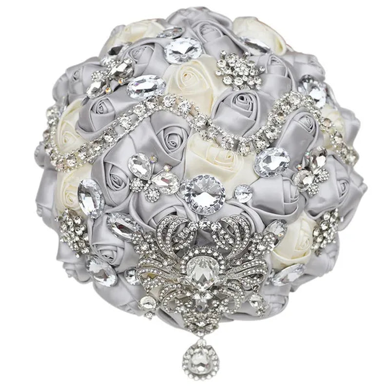 Shiny Luxury Rhinestone Brooch Pendant Wedding Bouquet 21CM Silk Rose Flower Diamond Bridal Bouquet Handmade Bridesmaid Holding Flowers