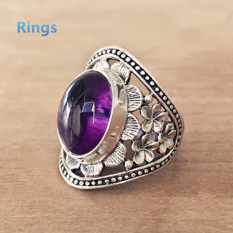 Exquisite Women'S Vintage Rings, Ancient Silver Inlaid Purple Moonstone Opal Onyx Stone Beautifully Carved Flower Pattern Women'S Fashion Jewelry, Party Banquet Business Casual Jewelry, Memorial Day Gift European and American Hot Selling