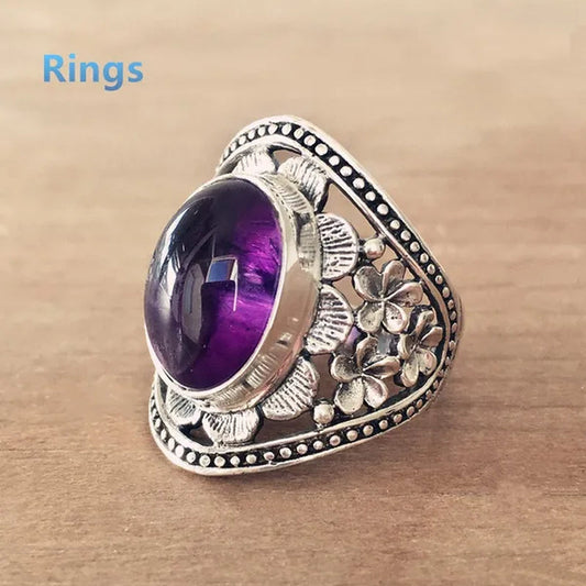 Exquisite Women'S Vintage Rings, Ancient Silver Inlaid Purple Moonstone Opal Onyx Stone Beautifully Carved Flower Pattern Women'S Fashion Jewelry, Party Banquet Business Casual Jewelry, Memorial Day Gift European and American Hot Selling