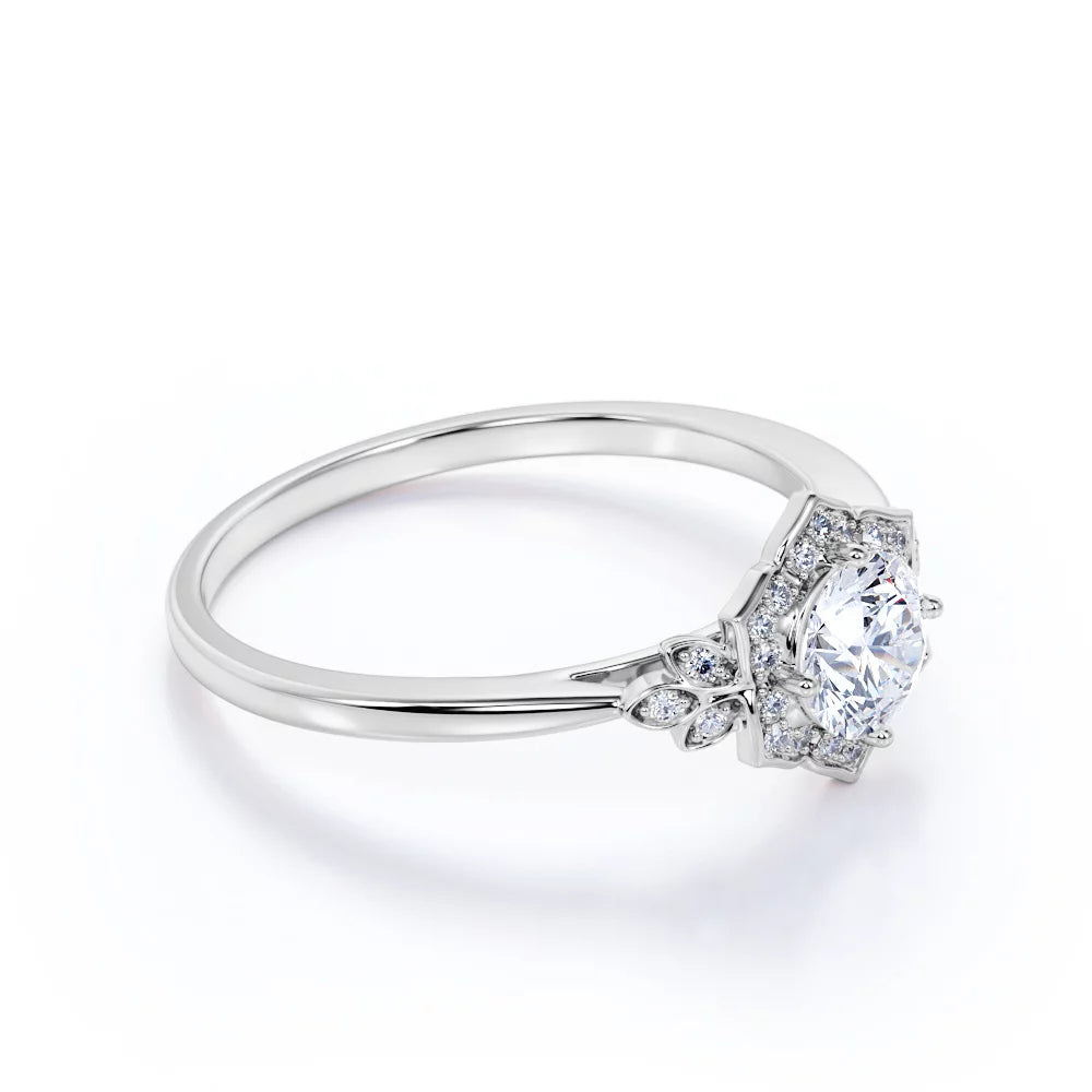 1.75 Carat round Cut Moissanite and Diamond Vintage Art-Deco Engagement Ring in 10K White Gold