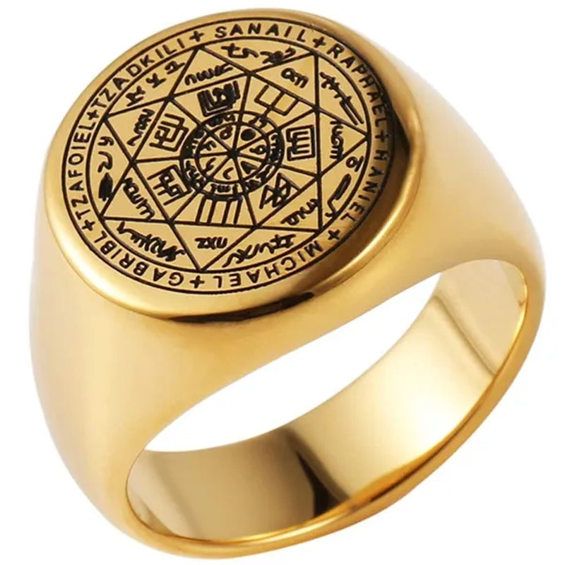Seals of the Seven Archangels Rings Choker Statement Silver Gold Titanium Steel Bands Punk Rock Stamp Signet Ring for Men