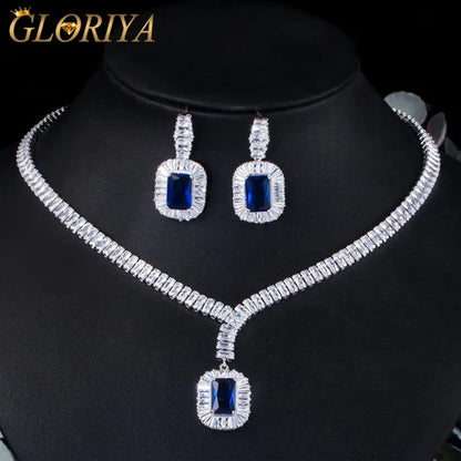 Gloriya Classic Sparkle Cubic Zircon Charm Square Pendant Choker Necklace Earrings for Bridal High Quality Sapphire Jewelry Set