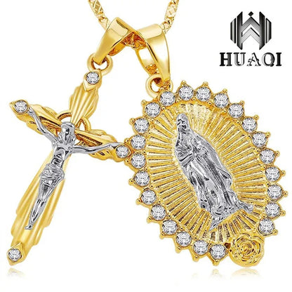 New Fashion18k Gold Plated Setting CZ Diamond Virgin Mary Necklace + Cross Necklace INRI Crucifix Jesus Piece Pendant Women Jewelry Christmas Gifts