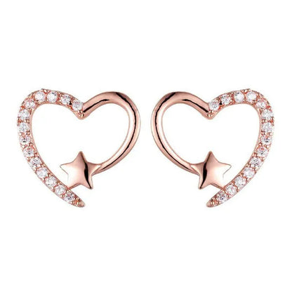 Gold Love Heart Star White Sapphire Diamond Stud Earrings for Women Wedding Engagement Bride Jewelry Gift