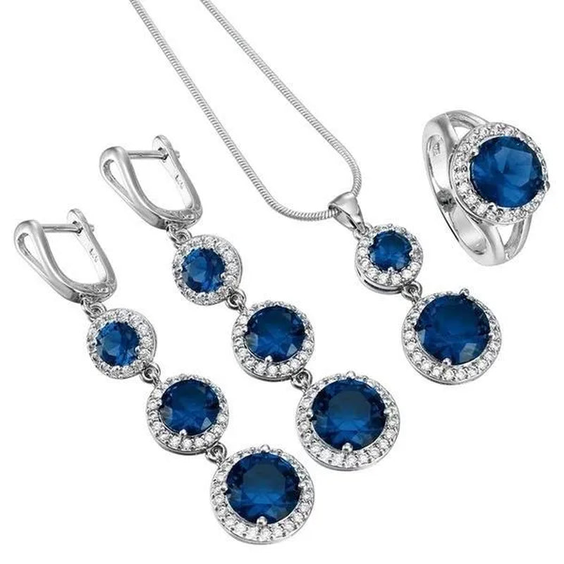3Pcs/Set Women 925 Silver Plated Black Sapphire Ring Earrings Necklace Jewelry Set (Choice Color and Size)