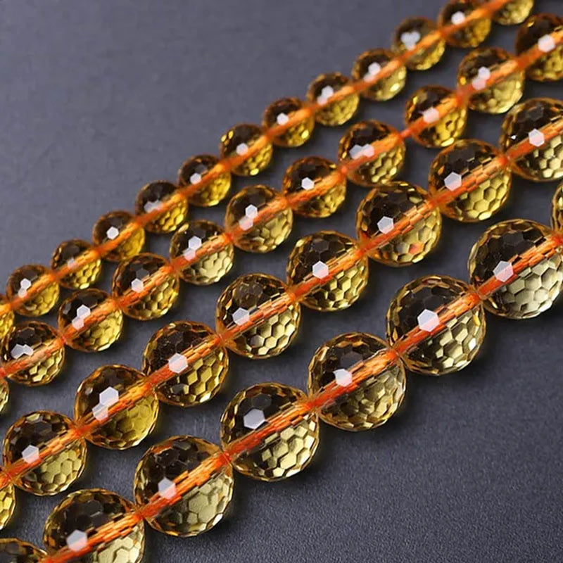 8-12Mm round Faceted Yellow Citrines Quartzs Beads Gem Stone DIY Loose Beads for Jewelry Making Beads Bracelets 15'' Accessories