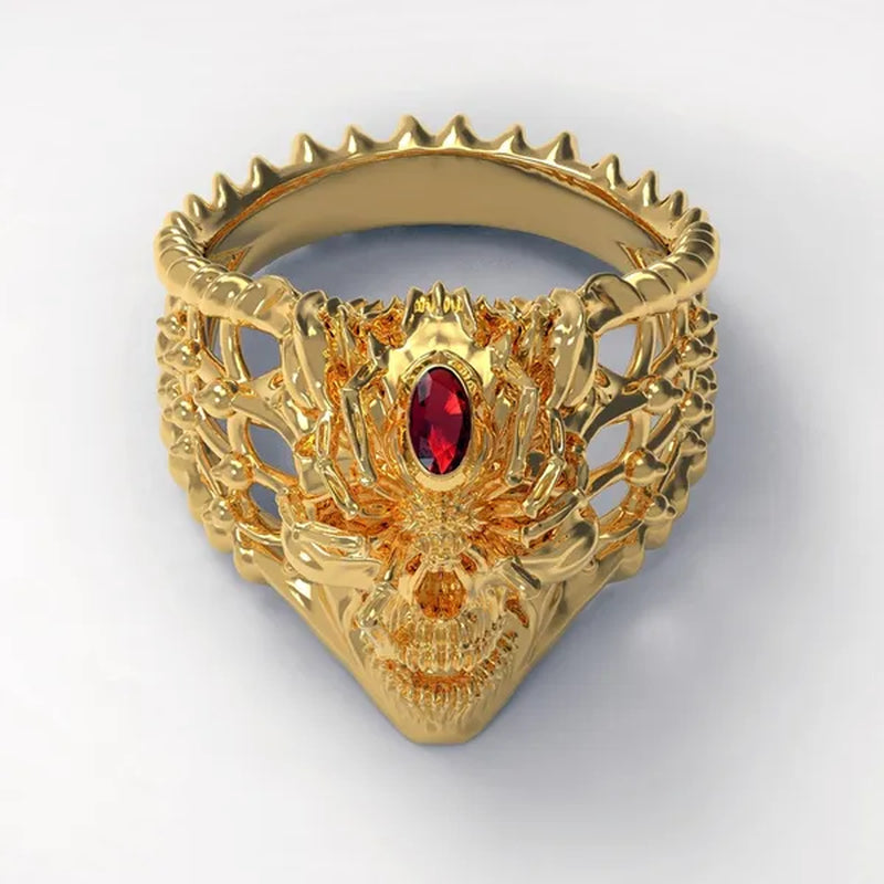 Retro Personality Two-tone Stainless Steel Spider Skull Ring Ruby Inlay Men's Punk Jewelry