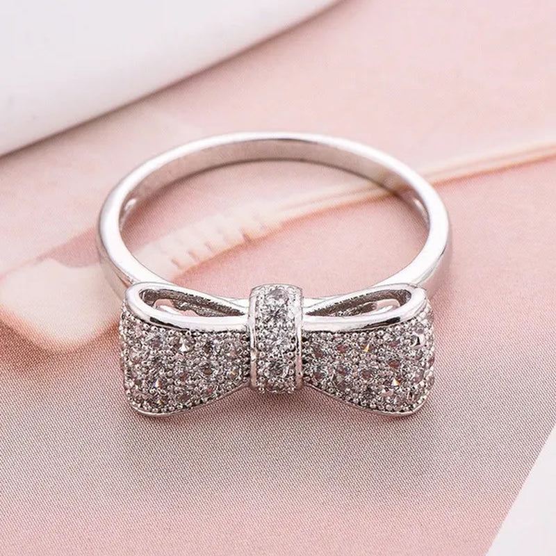 Delysia King Women's Fashion Bow Natural Gemstone White Sapphire Birthstone Bride Princess Engagement Ring Size 5 6 7 8 9 10 11