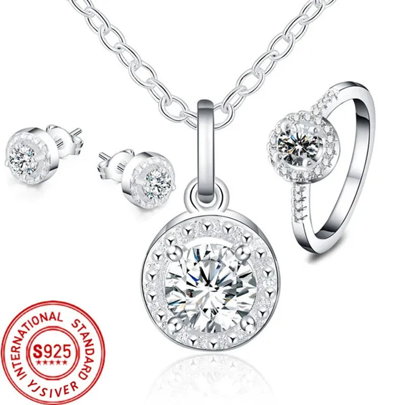 925 Sterling Silver Cute Solid Christmas Gift Noble Fashion Elegant Women Shiny Crystal CZ Necklace Earring Ring Jewelry Set