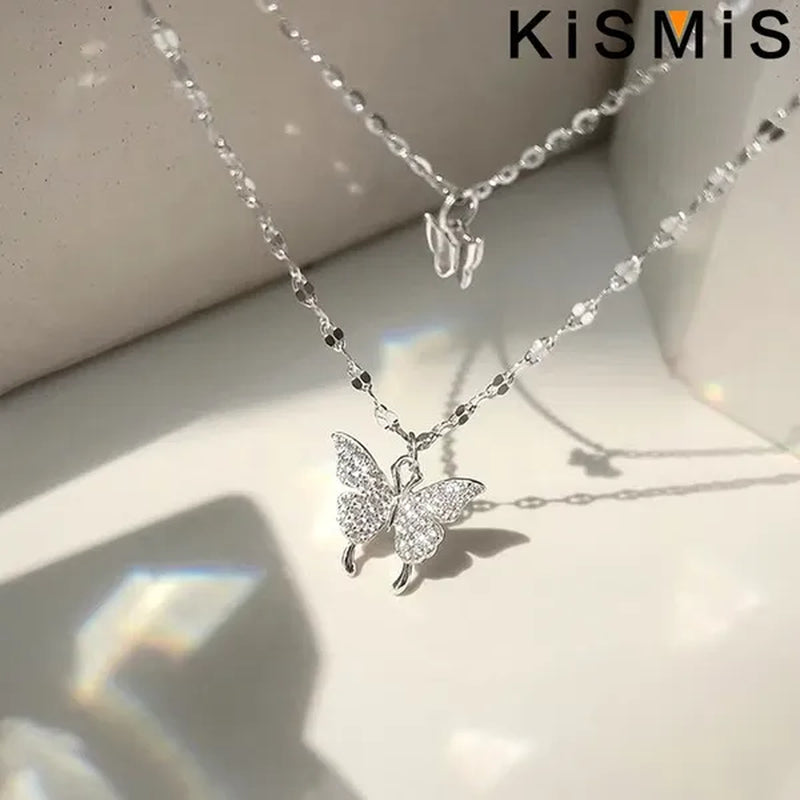 KISMIS 1 Pc/2 Pcs Exquisite and Creative Women's Diamond Necklace Butterfly Double Layer Necklace Shiny Diamond Ladies Clavicle Chain Elegant Charm Wedding Pendant Jewelry