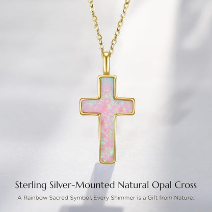 S925 Opal Cross Necklace for Women, Sterling Silver Opal Gemstone Womens Cross Necklaces, Cross Pendant with 5A Cubic Zirconia, Women'S October Birthstone Jewelry Gifts for Birthday, Anniversary, Christmas