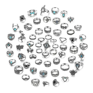 New 60Pcs Womens Rings Silver Gold Plated Rhinestone Vintage Jewelry Bohemian Style Finger Joint Ring Party Favor Gifts