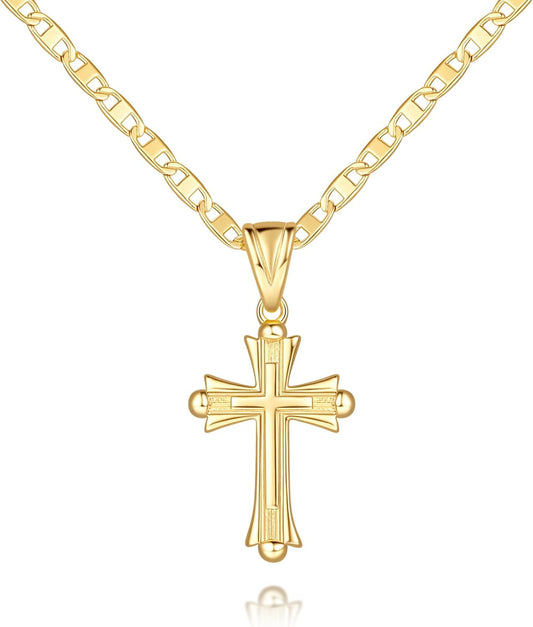 Cross Necklace for Women 14K Gold Cross Necklaces for Women Double Cross Pendant Gold Cross Chain Non-Tarnish Cross Jewelry Womens Gifts 48Cm Mariner Chain