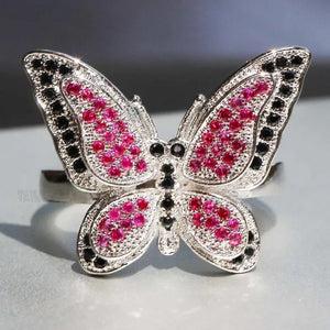 Silver Natural Gemstones Ring Ruby & Black Sapphire Wedding Ring Birthstone Bride Engagement Square Brand Crown Cross Butterfly Ring Jewelry Size 6 7 8 9 10