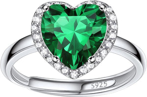 925 Sterling Silver Birthstone Rings for Women Girls with Clear 2Ct Heart/Round/Teardrop/Square Crystal, Solitaire Diamond Halo Open Bands Cubic Zirconia Rings Adjustable Size#6-#12