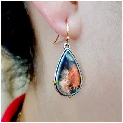1 Pair Antique 925 Sterling Silver Pendant Earrings Natural Gemstone Inlay Dangle Earrings Bridal Engagement Wedding Anniversary Gift Bohemian Style Earrings