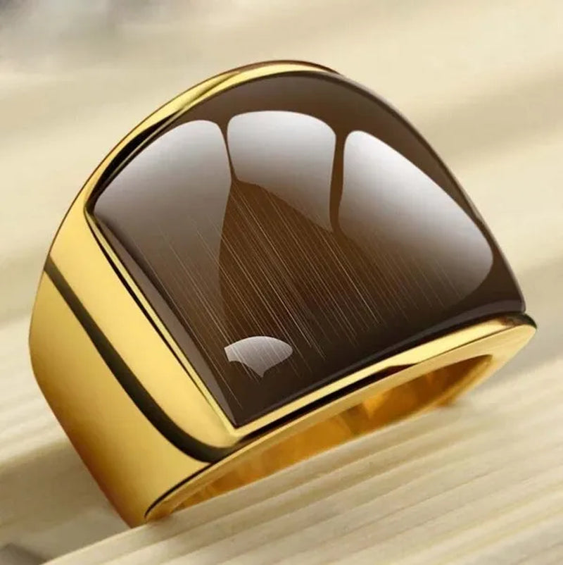 New Fashion Rings 316L Stainless Steel Gold Plated Simple Jewelry Ring With Opal For Men