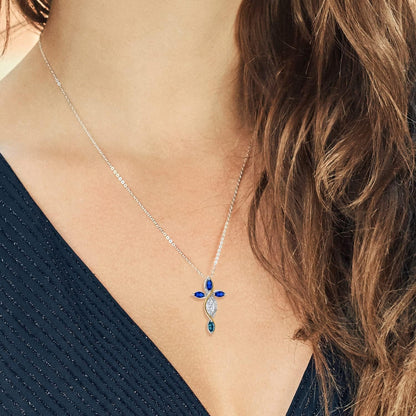 925 Silver and 10K Yellow Gold Blue Created Sapphire Lab Grown Diamond Cross Pendant with Chain Set with Moissanite (1.45 Cttw)