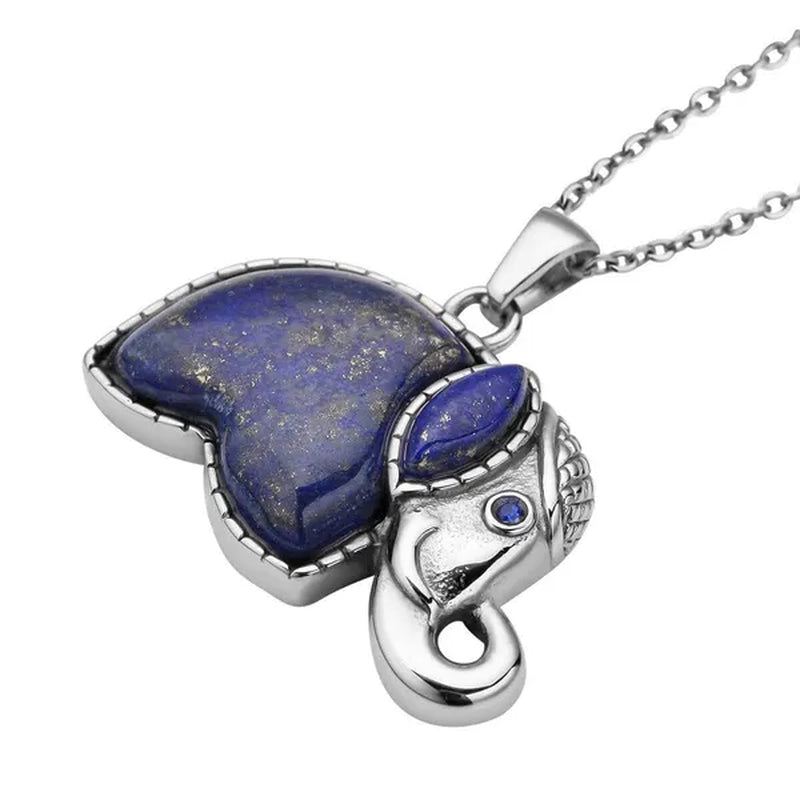 Lapis Lazuli Elephant Charm Pendant Chain Crystal Necklace in Stainless Steel Fashion Animal Women 20"