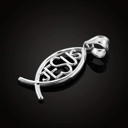925 Sterling Silver Vertical Jesus Ichthus Charm Christian Fish Pendant Necklace