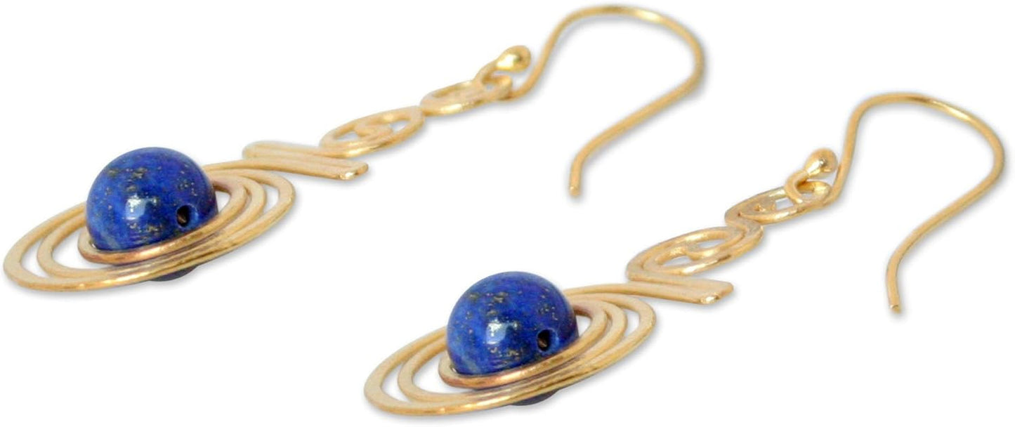 Artisan Handmade 24K Gold Plated Lapis Lazuli Dangle Earrings Crafted Brass Blue Thailand Modern 'Follow the Dream'