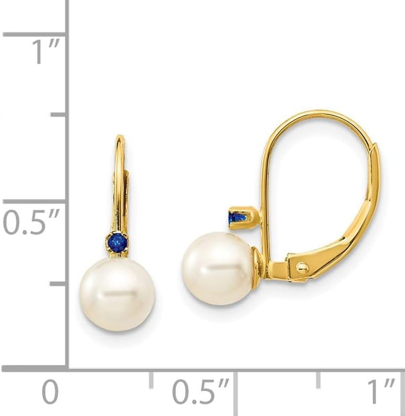 14K Yellow Gold White round Shape Freshwater Cultured Pearl Sapphire Leverback Earrings Fine Jewelry for Women Gifts for Her (5-5.5Mm)