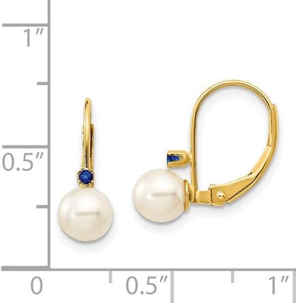 14K Yellow Gold White round Shape Freshwater Cultured Pearl Sapphire Leverback Earrings Fine Jewelry for Women Gifts for Her (5-5.5Mm)