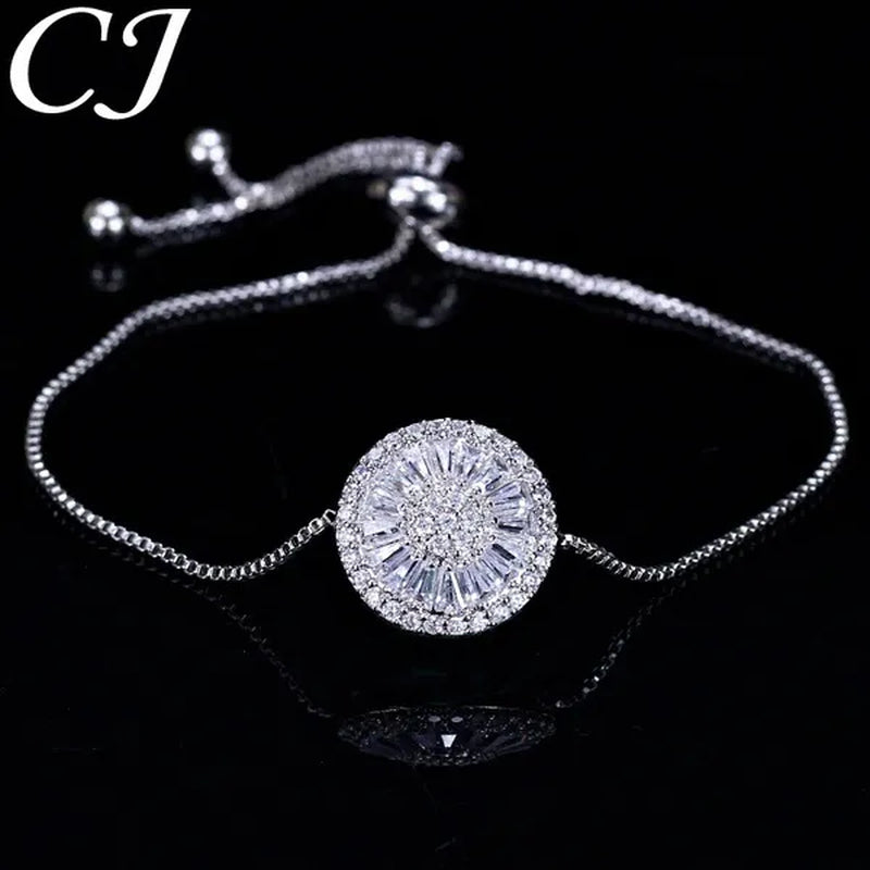CANDICE Fashion Green round Charm Adjustable Slider Bracelet Bangle for Women White Gold Plated Cubic Zirconia Jewelry