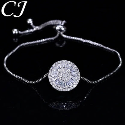 CANDICE Fashion Green round Charm Adjustable Slider Bracelet Bangle for Women White Gold Plated Cubic Zirconia Jewelry
