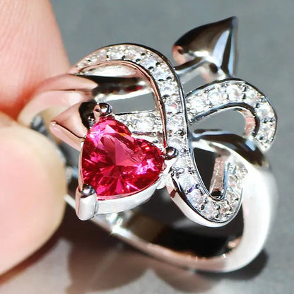 Eros Ring  Silver Natural Gemstones White Sapphire & Ruby Wedding Birthstone Bride Engagement Multilevel Heart Cross Ring Jewelry Size 6 7 8 9 10