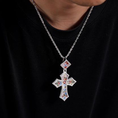 Iced Out Colorful Rhomboic Cross Pendant Necklace, Trendy White Gold Hip Hop Cubic Zirconia Oval Diamond Cross Pendant Faith Jesus Necklace Gift