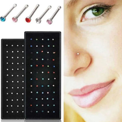 New Fashion Stainless Steel CZ Crystal Straight Shape Diamond Rhinestone Nose Ring Body Piercing Stud Jewelry Bone 20 Gauge for Women Girls 2 Types