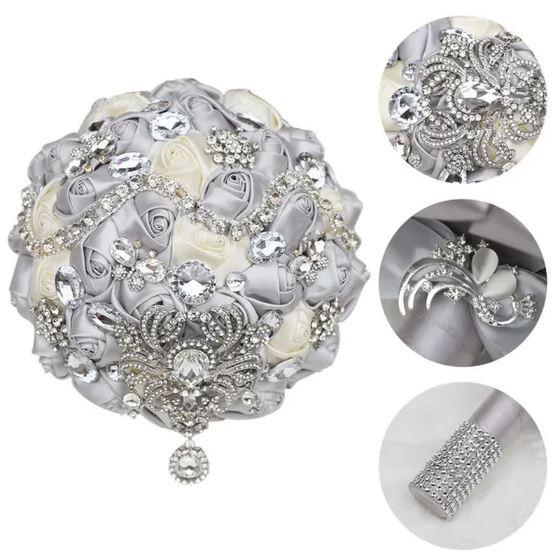 Shiny Luxury Rhinestone Brooch Pendant Wedding Bouquet 21CM Silk Rose Flower Diamond Bridal Bouquet Handmade Bridesmaid Holding Flowers