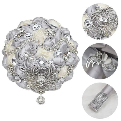 Shiny Luxury Rhinestone Brooch Pendant Wedding Bouquet 21CM Silk Rose Flower Diamond Bridal Bouquet Handmade Bridesmaid Holding Flowers