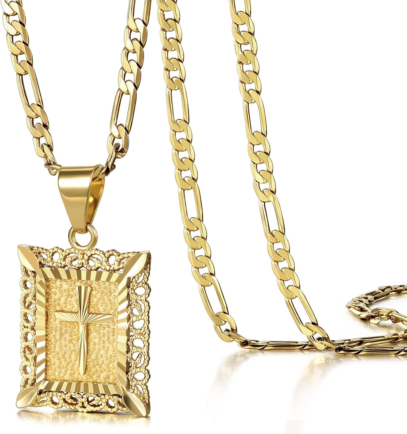 Cross Pendant Necklace for Women Men, 14K Gold and Silver Plated Square Faith Christian Figaro Chain Religious Jewelry Gift for Christian Faith, Baptism, First Communion