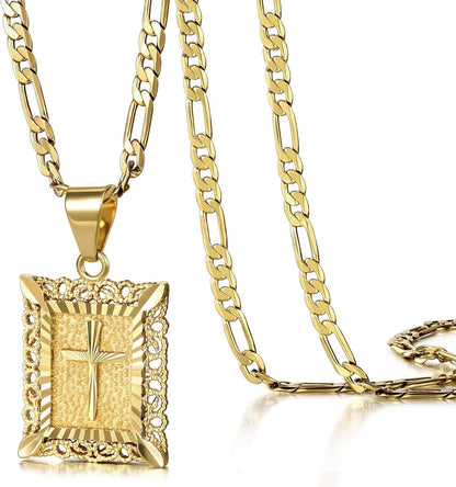 Cross Pendant Necklace for Women Men, 14K Gold and Silver Plated Square Faith Christian Figaro Chain Religious Jewelry Gift for Christian Faith, Baptism, First Communion