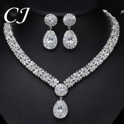 CANDICE African Gold Plating Hand-Inlay CZ Pendant Necklace and Earrings Gorgeous Dubai Women Wedding Party Tear Drop Jewelry Set with Red Crystal