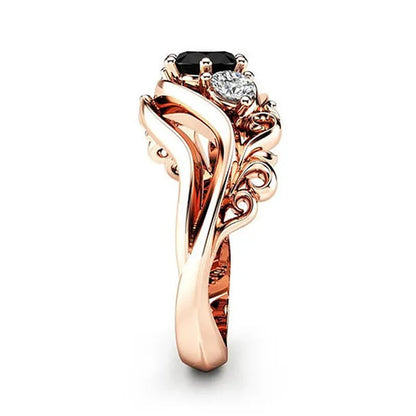 Fashion Ladies Rose Gold Leaf Vine Black Gemstone Rings Jewelry Bridal Romantic Engagement Proposal Gift
