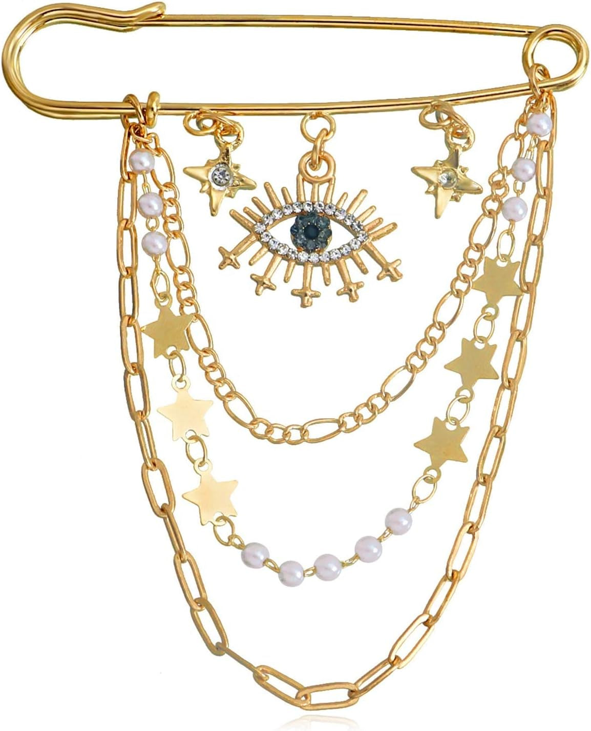 Crystal Eye Brooch Pin Multi-Layer Hanging Chain Lapel Pin Elegance CZ Evil Eye Star Charm Brooch Lucky Devil Eye Tassel Pin Wedding Bouquet Badge Jewelry for Women Men