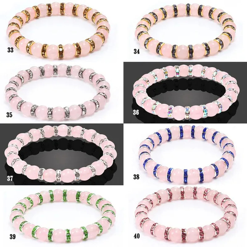 Natural Stone Pink Crystal Quartz &White Porcelain Rhinestones Bracelets & Bangles Charm Powder Beads Strand Bracelet Love Gifts for Women Men Casual Jewelry