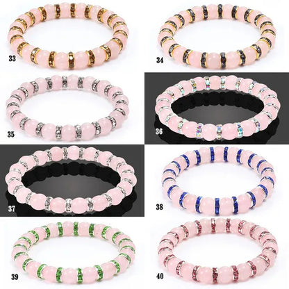 Natural Stone Pink Crystal Quartz &White Porcelain Rhinestones Bracelets & Bangles Charm Powder Beads Strand Bracelet Love Gifts for Women Men Casual Jewelry
