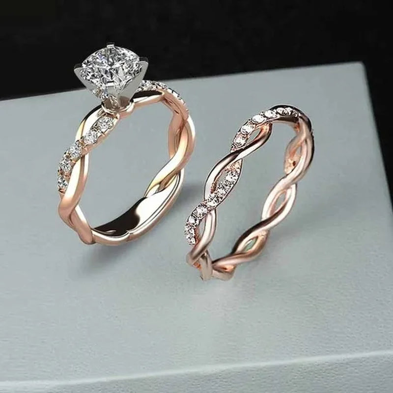 Women's Dainty  Twist Round Cut White Sapphire Ring Set Bridal Engagement Diamond Ring Wedding Band Anniversary Gift Banquet Party Jewelry Ring Size 5-11