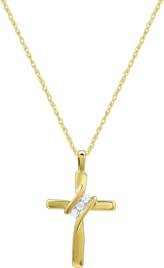 Small 14KT Yellow Gold Plated & Sterling Silver Natural Round-Cut Diamond Accent 3 Stone Cross Pendant with an 18 Inch Chain