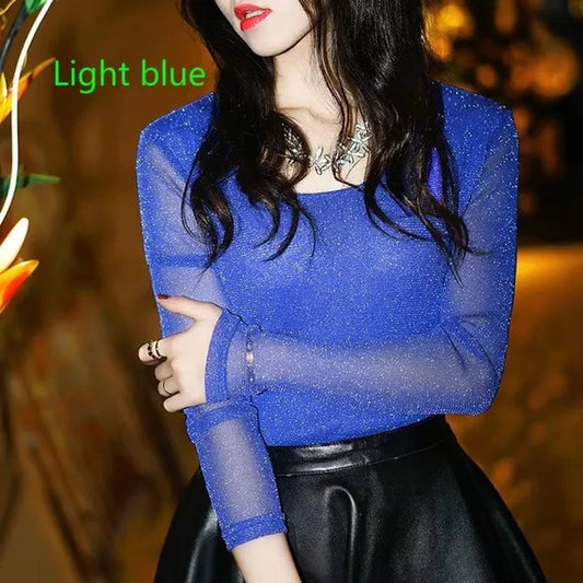 Korean new style sexy T-shirt Party Fashion New Wild Shiny Gold and Silver Mesh Yarn Round Neck Shirt Blouses