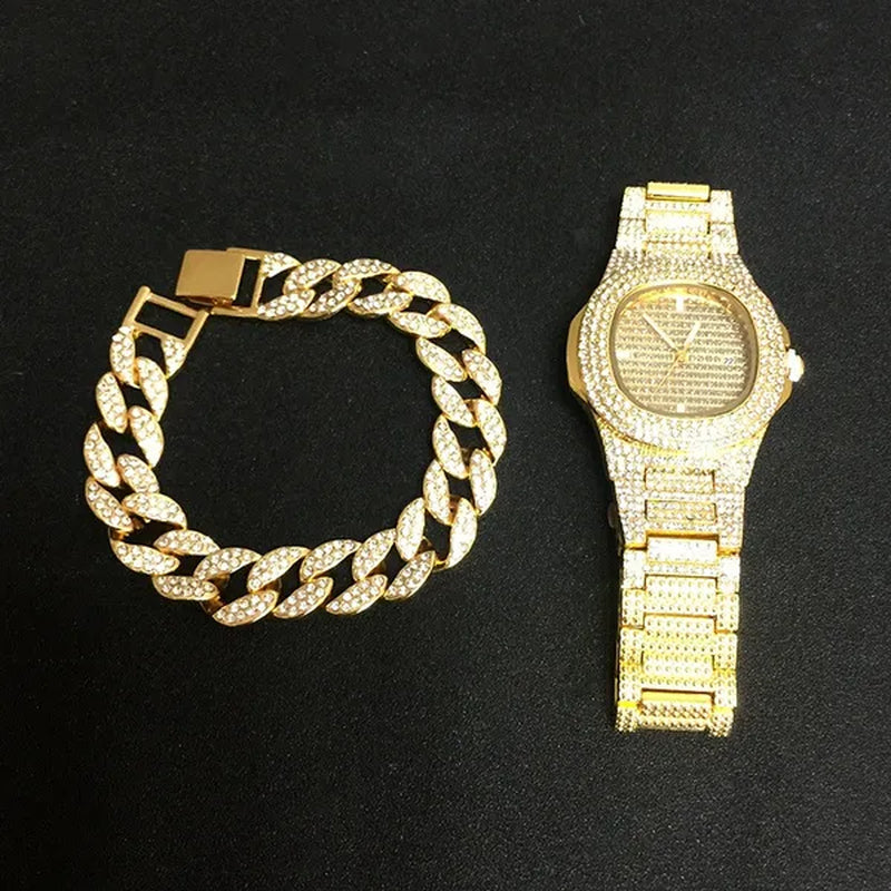 Necklace +Watch+Bracelet Hip Hop Miami Curb Cuban Chain Iced Out Paved Rhinestones CZ Bling Rapper For Men Jewelry