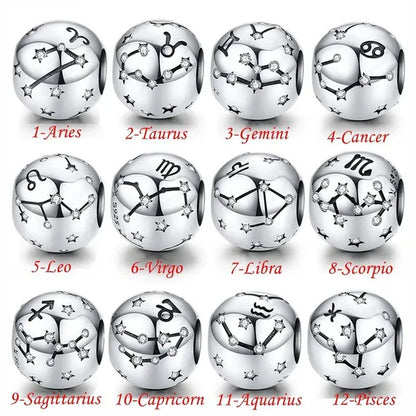 European Hot 12 Constellation Zodiac Round 925 Sterling Silver Beads Charm for Women Bracelet  Shining CZ Charm Fit Original Bangle Necklace DIY Jewelry Making