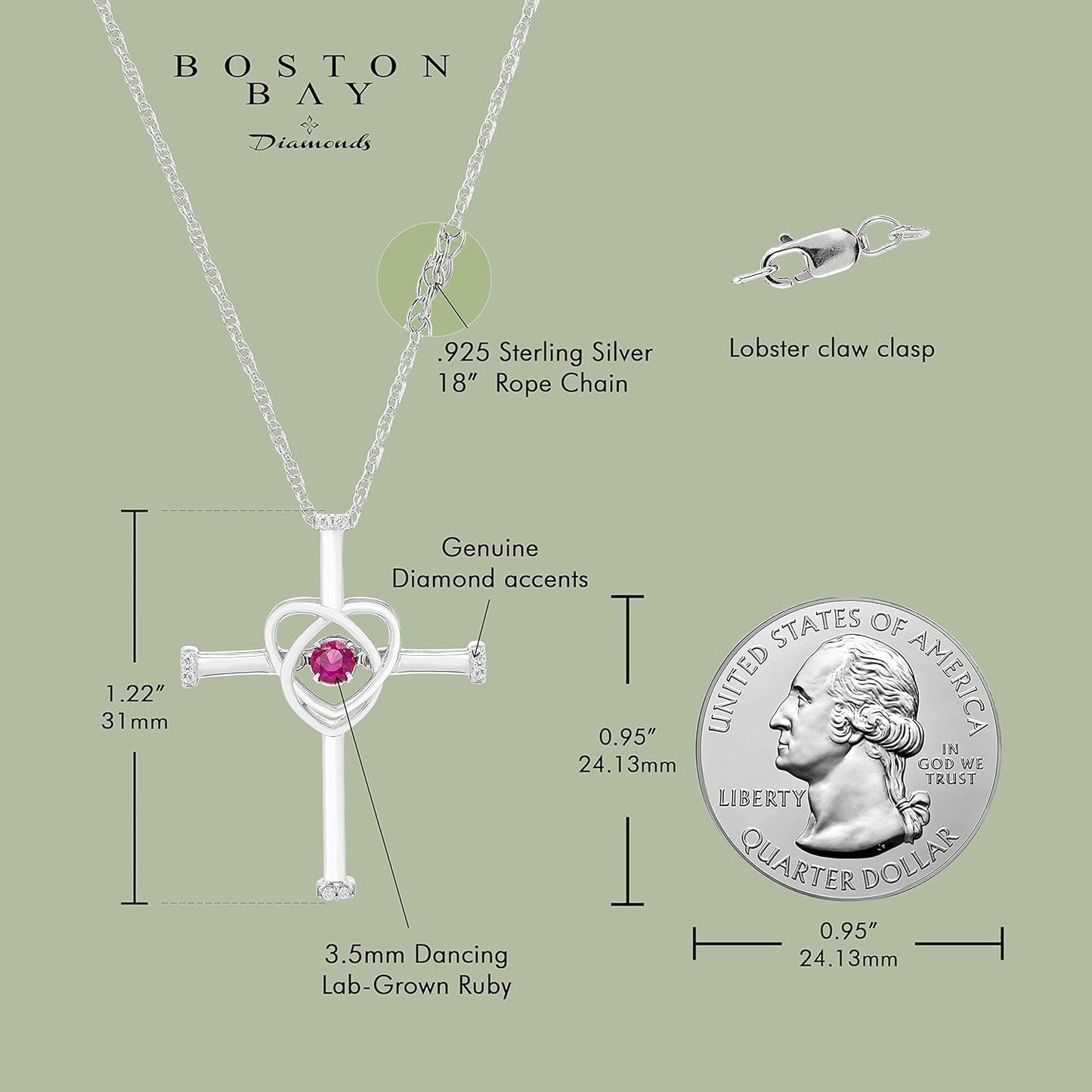 925 Sterling Silver Dancing Birthstone Gemstone & Diamond Orbit Heart Cross Pendant with 18" Rope Chain